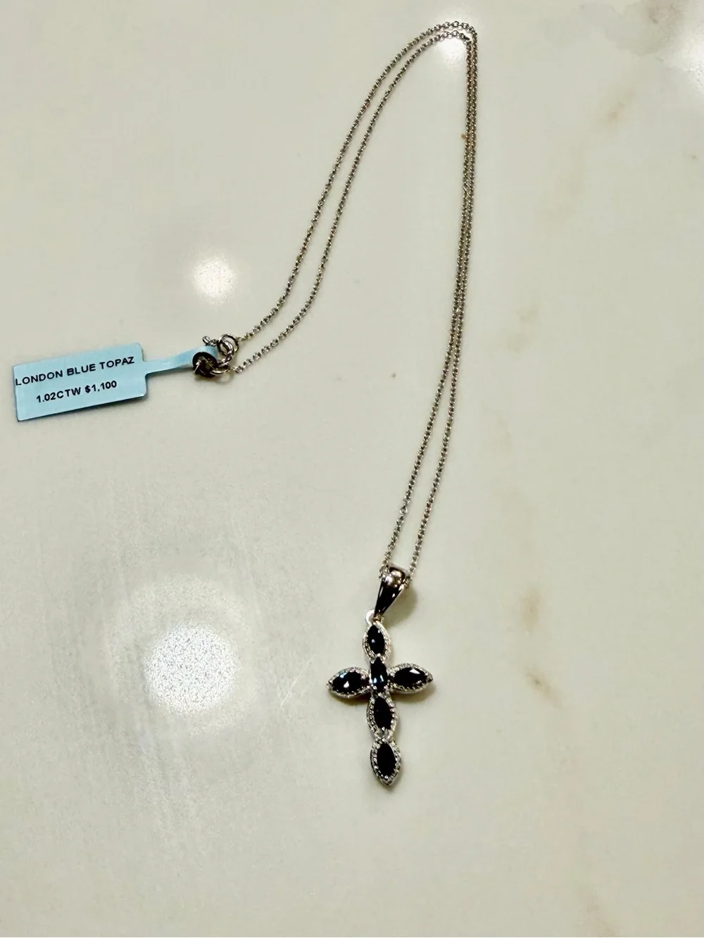 Sterling Silver Cross Pendant Necklace in London Blue Topez 9 inches long